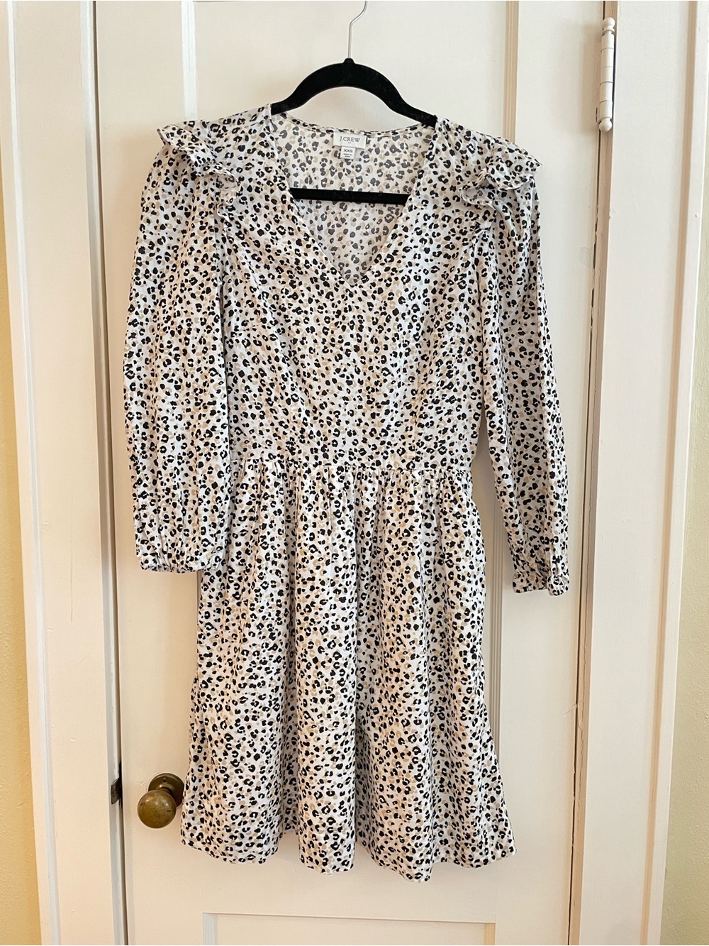 J. Crew Cream and Black Leopard Print V Neck Long Sleeve Dress